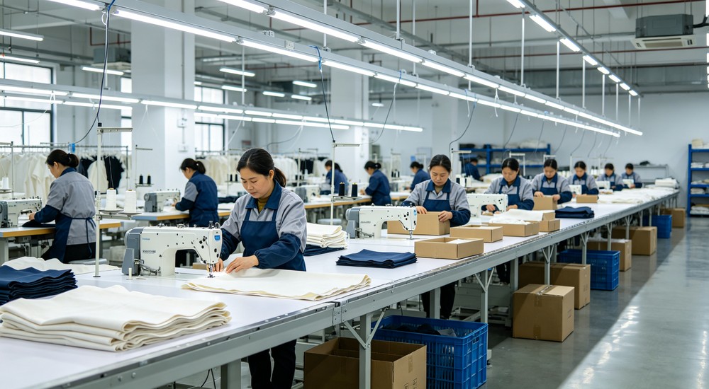 Split-view factory production timeline showing cutting sewing quality inspection and packaging stages of bedding manufacturing for bulk order delivery and tracking