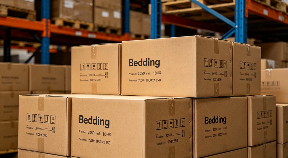 Commercial cardboard shipping boxes printed with bedding product labels and specifications for export packaging logistics and order fulfillment processes today
