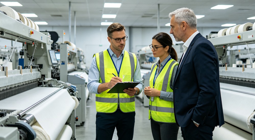 Wide-angle factory audit quality auditors inspecting bedding production line equipment and processes for supplier evaluation checklist and compliance verification standards now