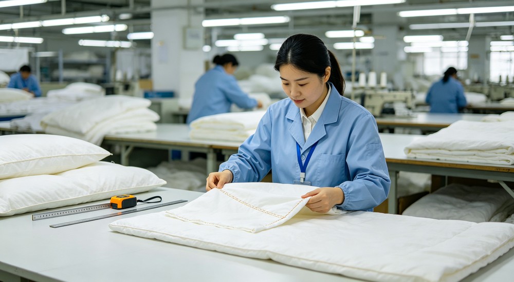 Close-up quality control inspector examining bedding sample stitching seam quality and fabric consistency for emergency shelter procurement acceptance testing procedures today