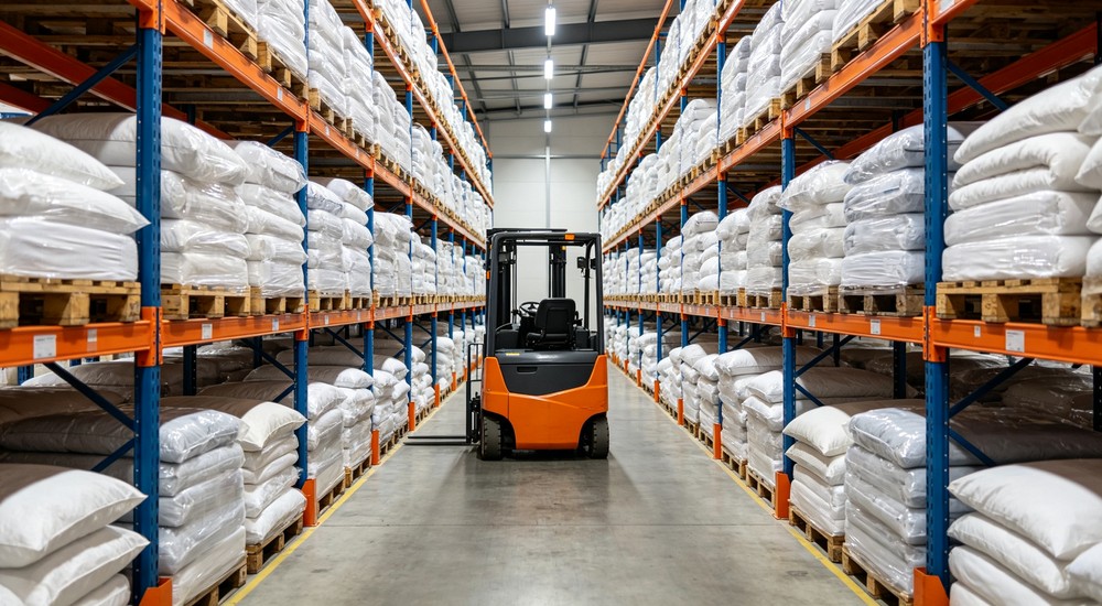 Eye-level warehouse storage shelves stocked with packaged bedding and forklift for inventory management safety stock and emergency shelter supply logistics operations