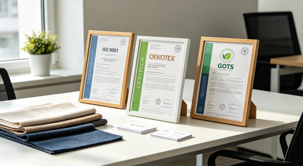 Interior iSO 9001 OEKO TEX Standard 100 and GOTS certification documents displayed for bedding supplier compliance and quality management verification systems