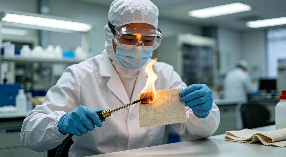 Flat lay flame retardant test fabric undergoing laboratory testing for bedding fire safety compliance in emergency shelters and institutional facility requirements now