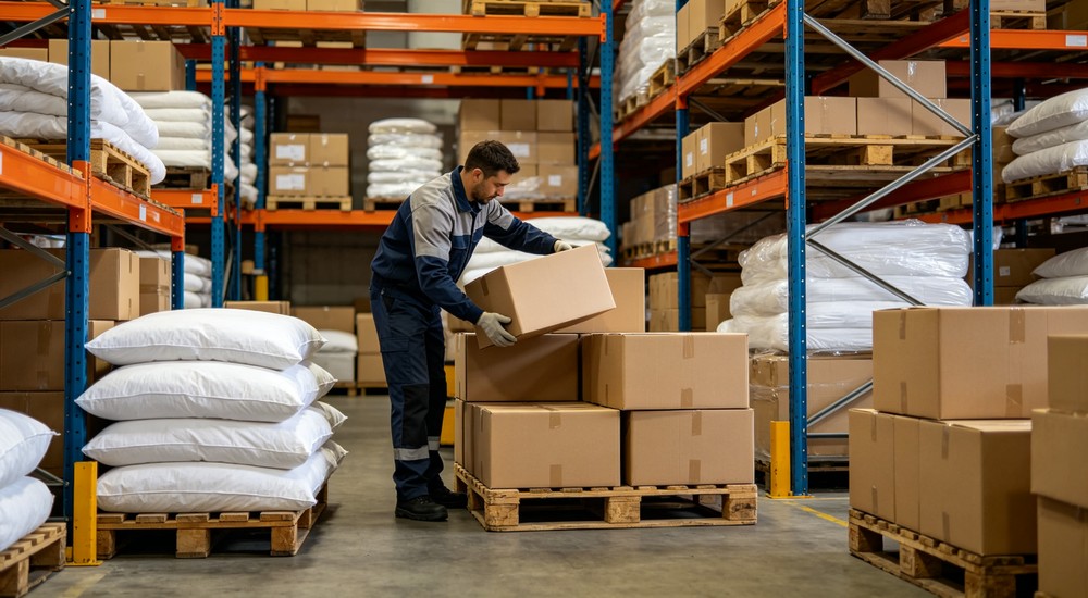 Detailed warehouse worker loading cardboard boxes onto shipping pallet for bedding logistics distribution and delivery to emergency shelter programs worldwide today