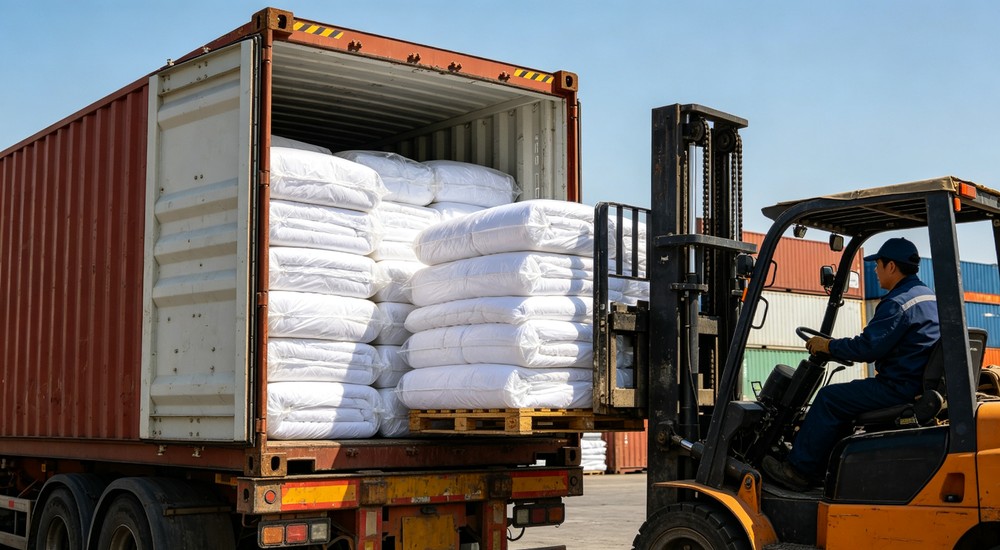 Action shipping container being loaded with packaged bedding products at port for export delivery to international shelter and humanitarian aid programs