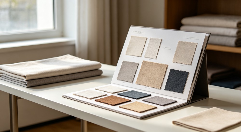 Technical textile sample card display with multiple fabric swatches and colour options for bedding material selection testing and specification finalization process