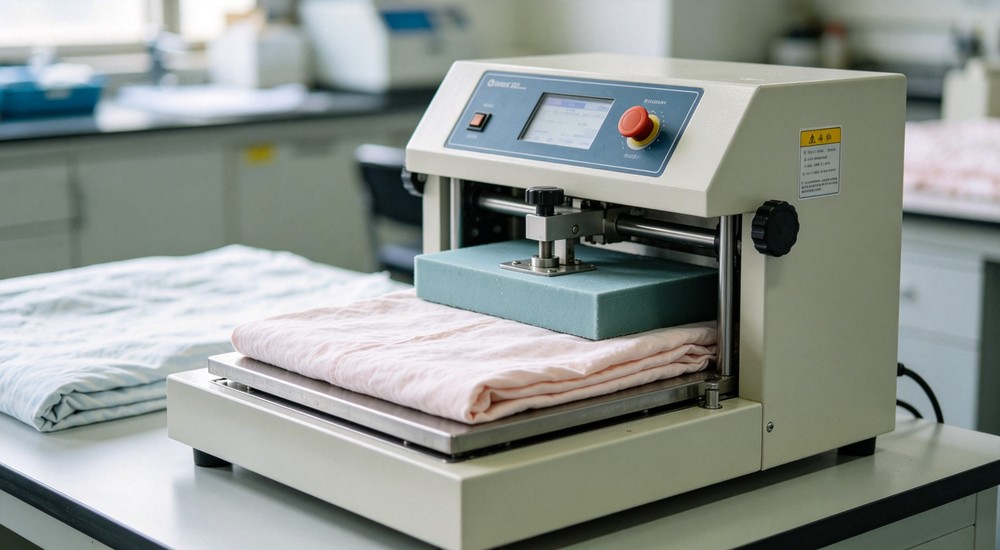 Macro colour fastness rubbing test machine operating in textile laboratory evaluating bedding fabric colour durability under repeated friction and washing cycles
