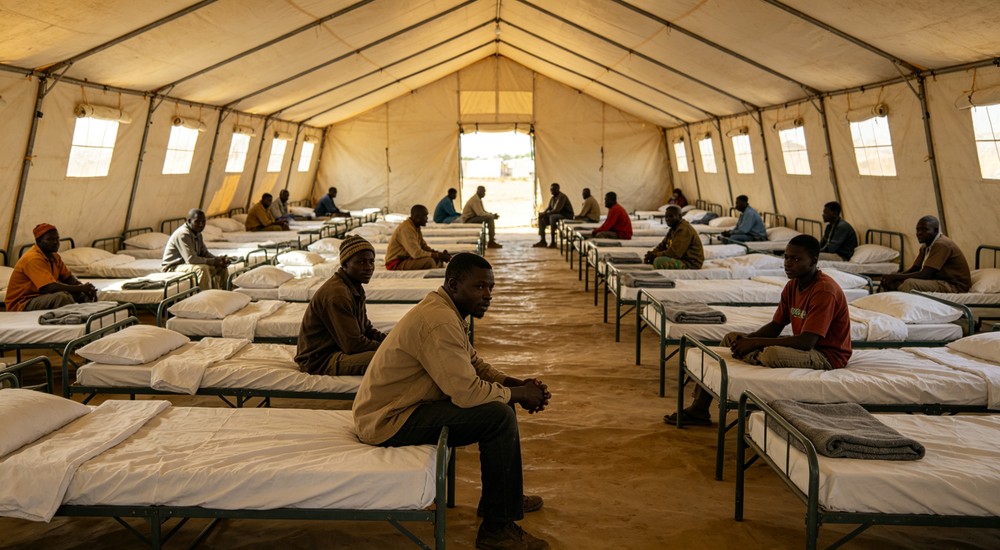 Side-by-side humanitarian relief tent interior in refugee camp with simple bedding for temporary accommodation material guide and emergency shelter setup procedures