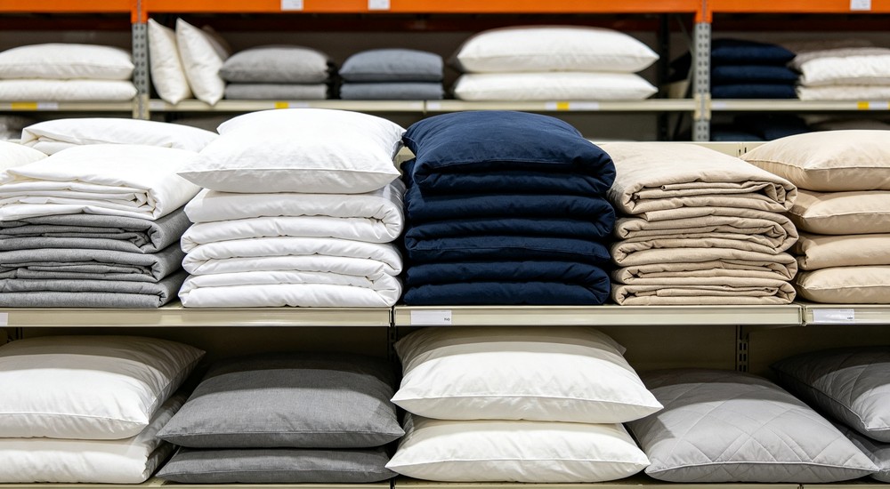Panoramic bedding products folded in multiple colours including navy grey olive and beige for temporary accommodation colour selection and stain hiding properties