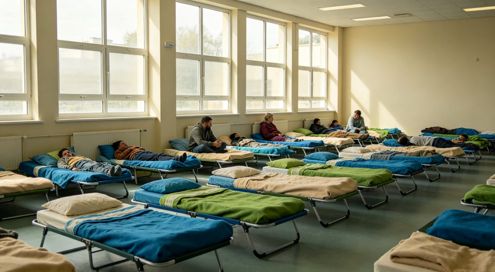 Overhead community centre emergency shelter hall with colourful bedding arranged for displaced persons housing programs and short term accommodation services now