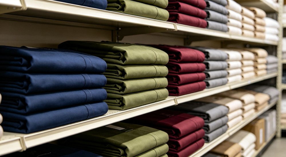 Top-down bedding products displayed in multiple colours on warehouse shelves for bulk buyer product selection and institutional bedding procurement options available