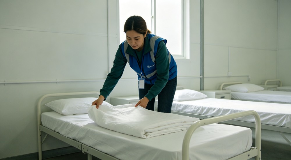 Documentary relief worker carefully making bed with clean sheets in emergency shelter for resident comfort hygiene and quality of temporary accommodation