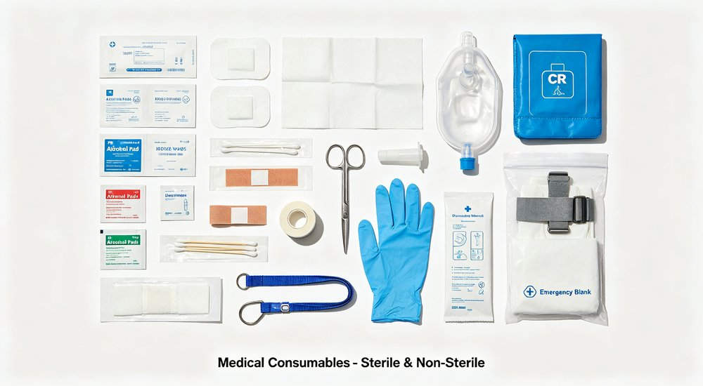 Top-down flat lay of professional rescue kit components including trauma dressings bandages tourniquet and medical tools organized in navy blue backpack for search and rescue teams