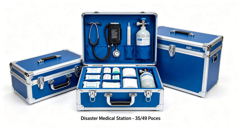 Eye-level view of navy blue search and rescue backpack 26-piece kit open showing organized internal compartments with emergency medical supplies for field duty response