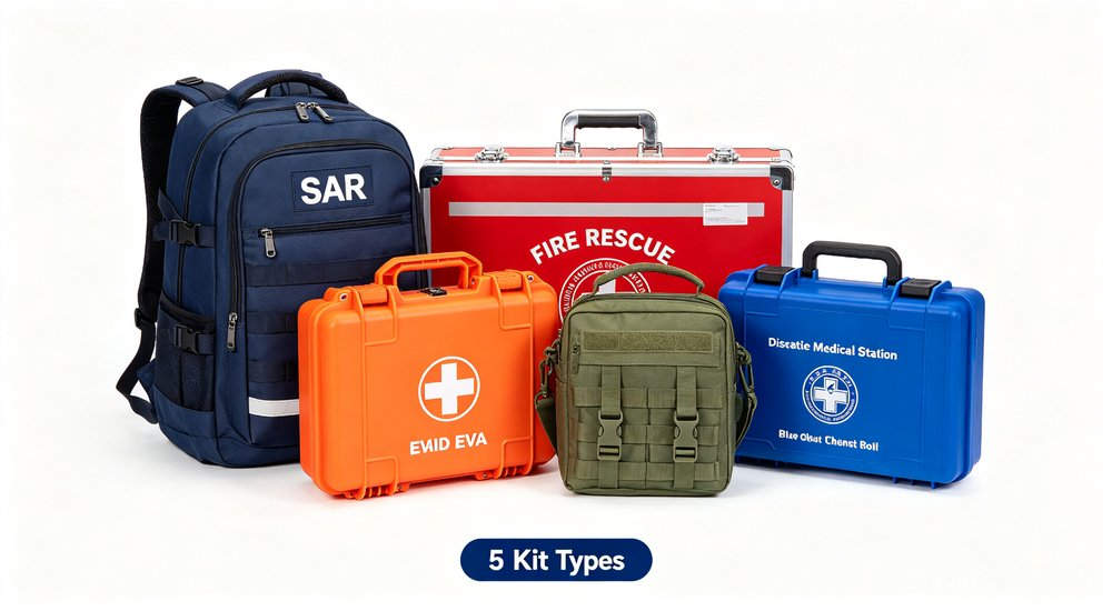 Close-up detail of disaster relief medical station 49-piece expanded configuration showing organized shelves with bandages antiseptics and trauma supplies for mass casualty incidents