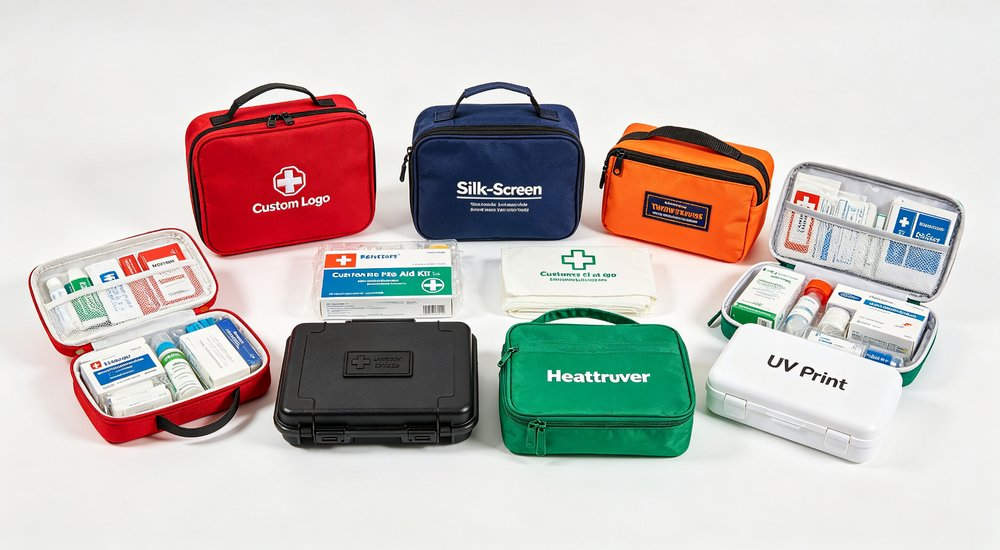 Close-up detail of Red Cross medical kit contents including wound care supplies bandages and basic medications for humanitarian aid and disaster relief operations