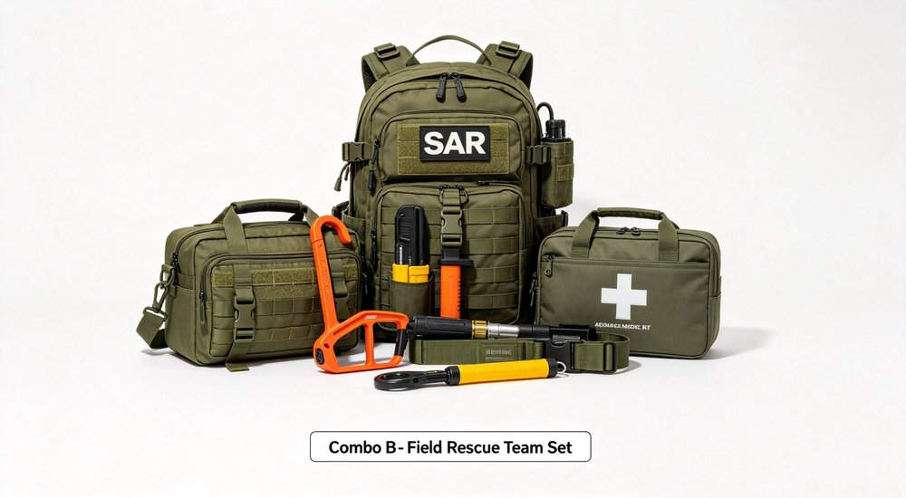 Eye-level hospital pre-hospital kit scene with paramedic using trauma supplies at emergency scene showing advanced medical equipment for ambulance and clinic use