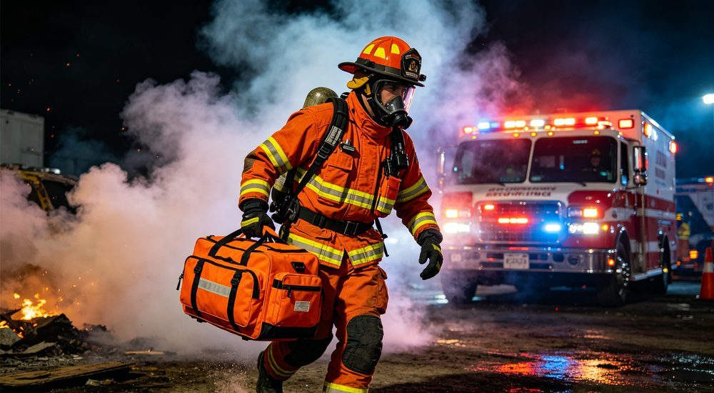 Action scene of firefighter with orange advanced trauma kit, professional emergency medical response, heavy duty trauma bag for fire department and rescue teams wholesale