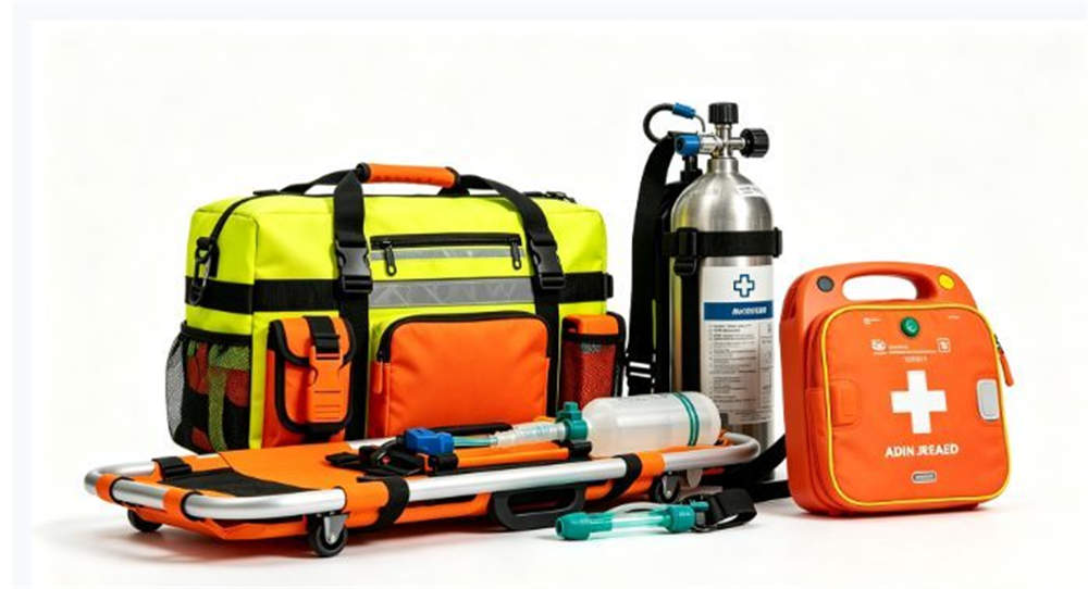 Complete advanced trauma kit system on white background, organized medical supplies in orange bag, comprehensive emergency equipment for professional first responders Complete advanced trauma kit system on white background, organized medical supplies in orange bag, comprehensive emergency equipment for professional first responders
