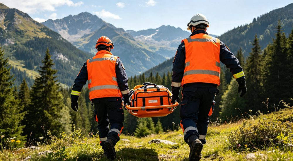 Wilderness rescue scene with orange advanced trauma kit, outdoor emergency medical response, durable trauma bag for remote area search and rescue operations