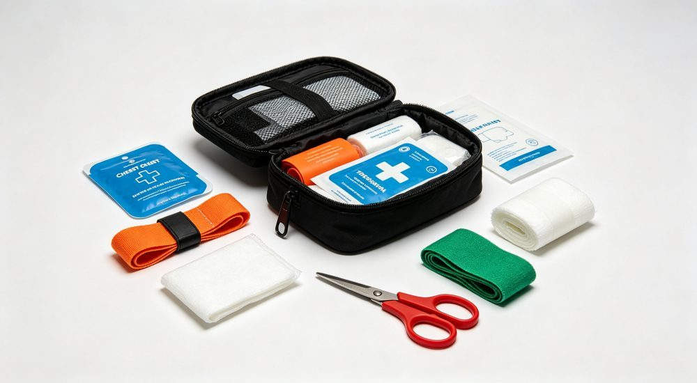 Top down flat lay of advanced trauma kit contents, organized trauma supplies and medical tools, comprehensive emergency kit for professional field trauma care