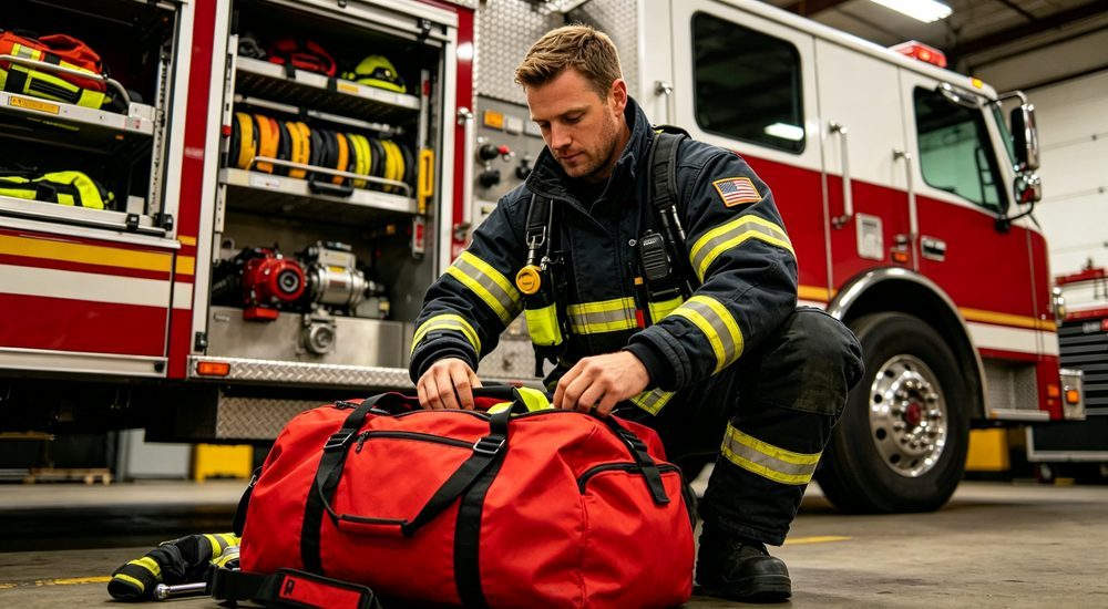 Fire station scene with red advanced trauma kit, emergency medical equipment ready for deployment, professional trauma bag for firefighter first response teams