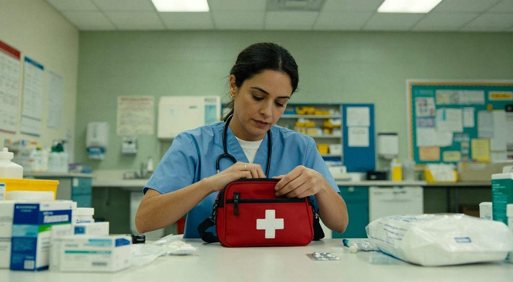 Shopping mall public safety scene with advanced trauma kit, commercial building emergency medical station, trauma bag for facility management and security teams