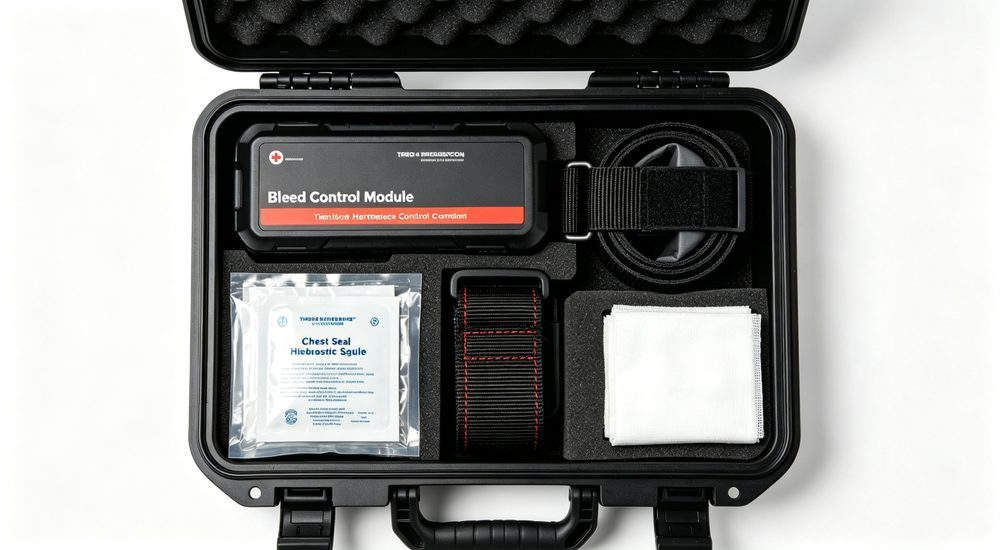 Trauma kit interior organization view, multiple compartments with color coded supplies, efficient emergency medical storage for rapid response in critical situations