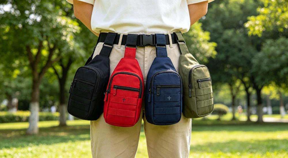 Trauma kit factory production scene, orange trauma bags being manufactured, quality controlled production for B2B wholesale emergency medical equipment for professional emergency response teams and workplace safety programs