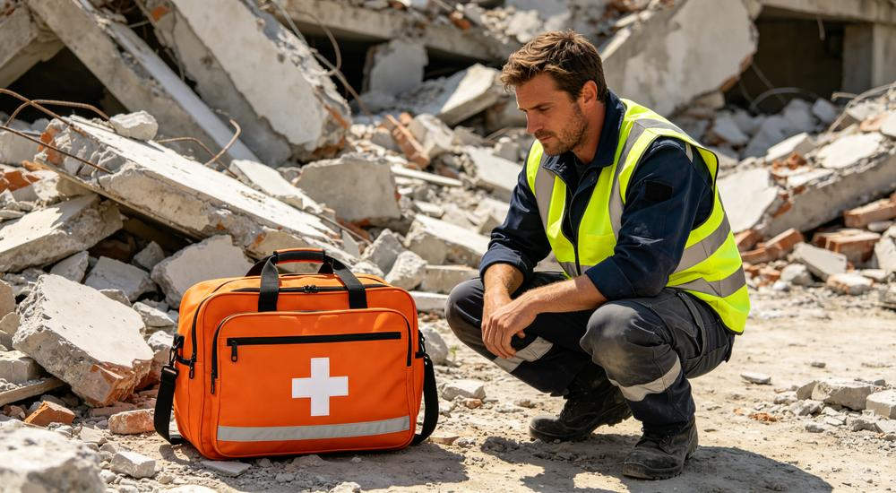 Front view of orange disaster relief first aid kit deployed at earthquake rubble field hospital with European rescue worker in high-visibility vest, professional emergency response photography