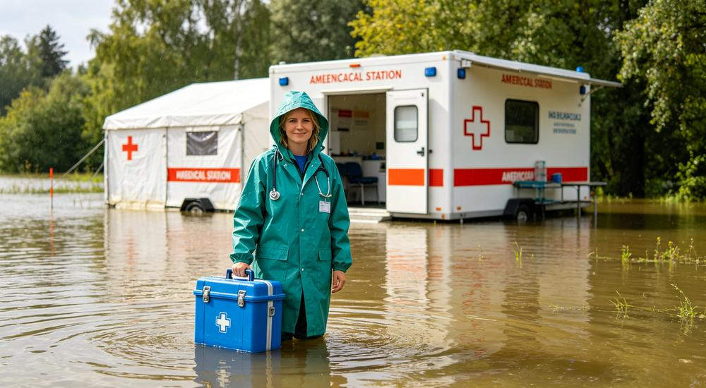 Wide angle of blue waterproof rolling medical case held by European female healthcare worker in flood water at disaster zone medical station, vibrant colors