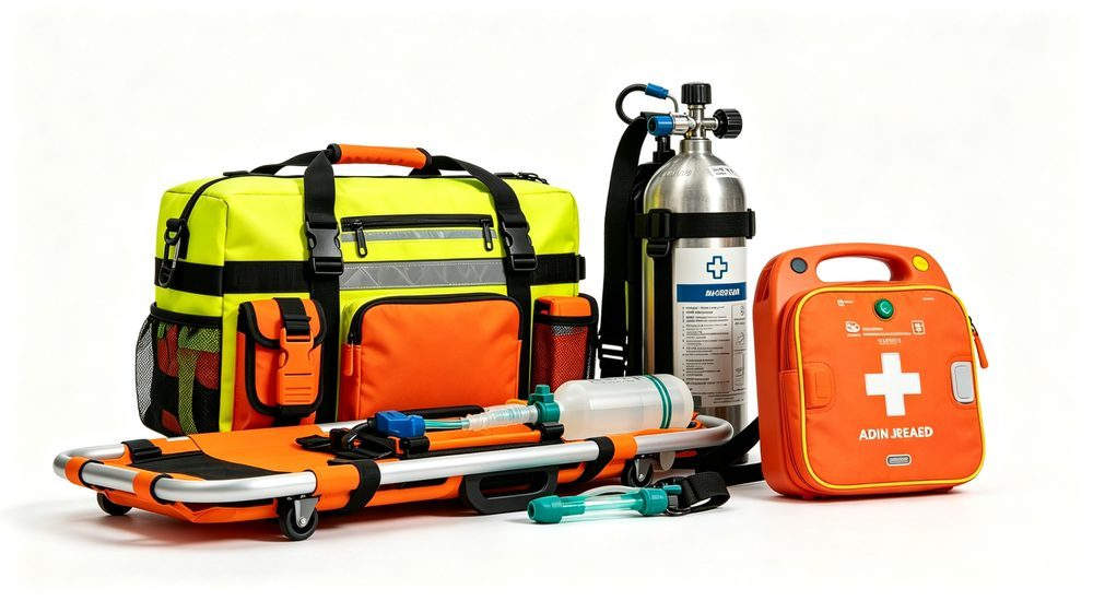 Trauma kit with quick access front pocket, orange bag with external rapid access compartment, emergency supplies available without opening main compartment