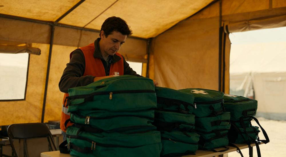 Interior view of green medical backpacks stacked on table inside refugee camp medical tent with European aid worker organizing humanitarian relief supplies