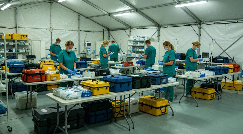 Wide horizontal view of multiple disaster relief medical kits arranged on folding tables in field hospital with European medical team in scrubs working