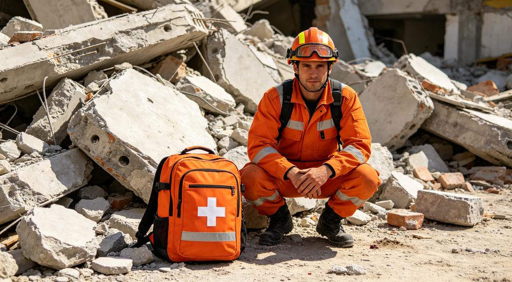 Action shot of orange first aid backpack with white cross next to European male rescuer in orange uniform at earthquake rubble site, bright daylight