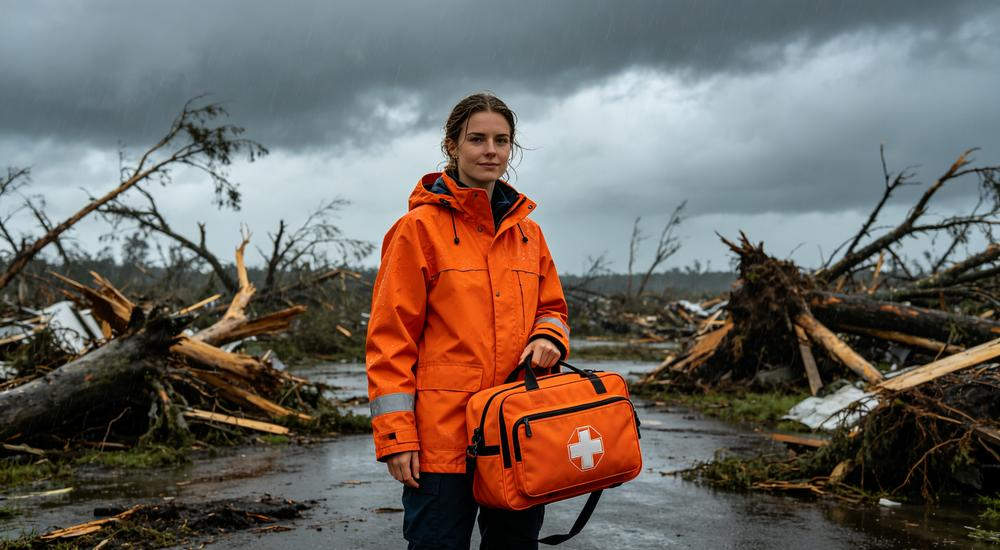 Wide scene of waterproof orange medical kit held by European female responder in rain jacket during hurricane disaster response, stormy sky background