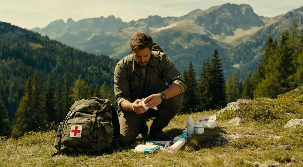 Wide angle of camouflage medical backpack with European male hiker using first aid supplies in mountain wilderness forest, natural outdoor lighting Wide angle of camouflage medical backpack with European male hiker using first aid supplies in mountain wilderness forest, natural outdoor lighting