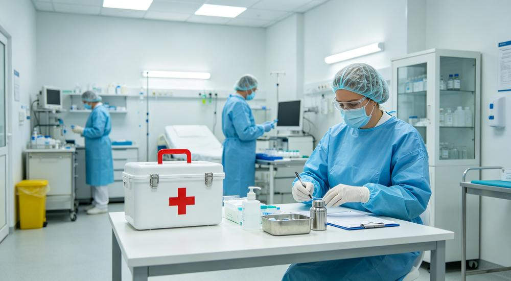 Wide view of white medical kit with red cross at pandemic infection control station with European healthcare workers in PPE, clean clinical environment