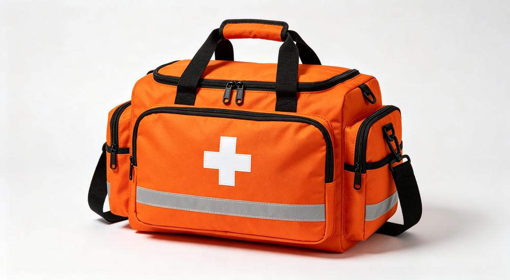 Studio product front view of orange disaster relief medical bag with white cross emblem, durable nylon fabric, multiple compartments, white background