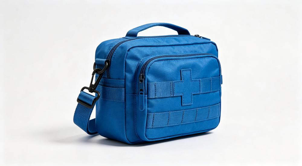 Side angle product shot of blue emergency medical kit with waterproof fabric, shoulder strap, MOLLE webbing, professional studio white background