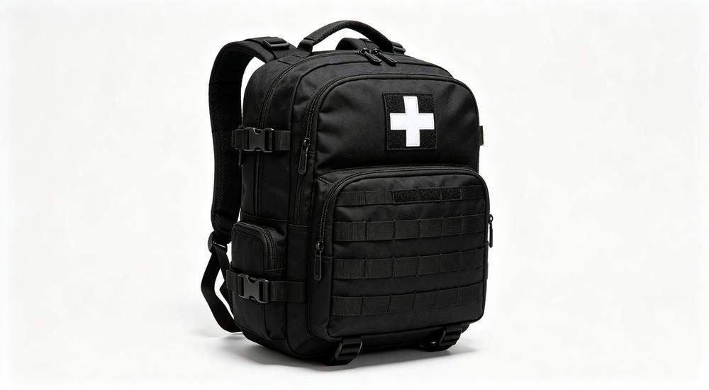 Product front view of black tactical medical backpack with prominent white cross emblem, heavy-duty nylon, multiple zippers, white studio background