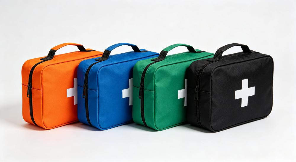 Wide product arrangement of four disaster relief medical kits in orange blue green black colors each with white cross, white background studio Wide product arrangement of four disaster relief medical kits in orange blue green black colors each with white cross, white background studio