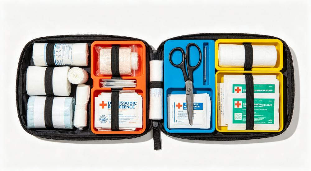 Top-down flat lay view of open disaster relief first aid kit with organized interior compartments, bandages gauze trauma shears antiseptic wipes, color-coded