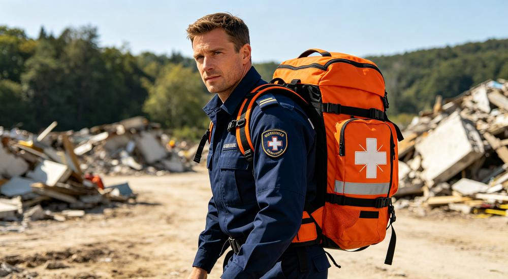 Action shot of European male rescue worker carrying orange medical backpack at outdoor disaster response setting, navy blue uniform, bright daylight