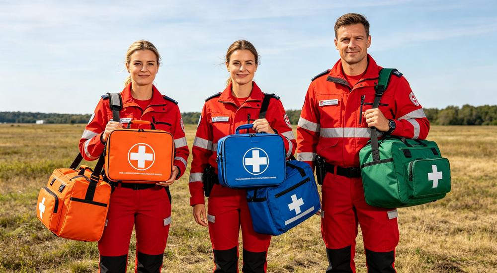 Wide team photo of European medical response team three people two women one man each carrying different colored medical kits orange blue green, field setting