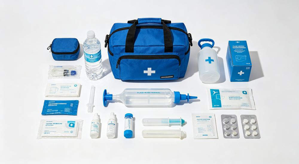 Product wide view of orange earthquake medical kit open showing trauma supplies bandages tourniquets antiseptic wipes, white background studio, bright professional lighting