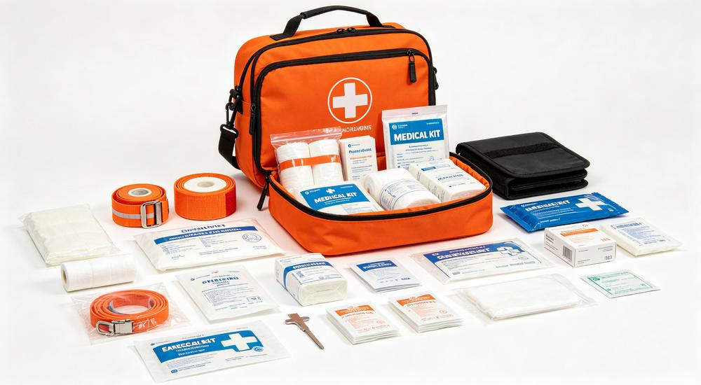 Product wide view of orange earthquake medical kit open showing trauma supplies bandages tourniquets antiseptic wipes, white background studio, bright professional lighting