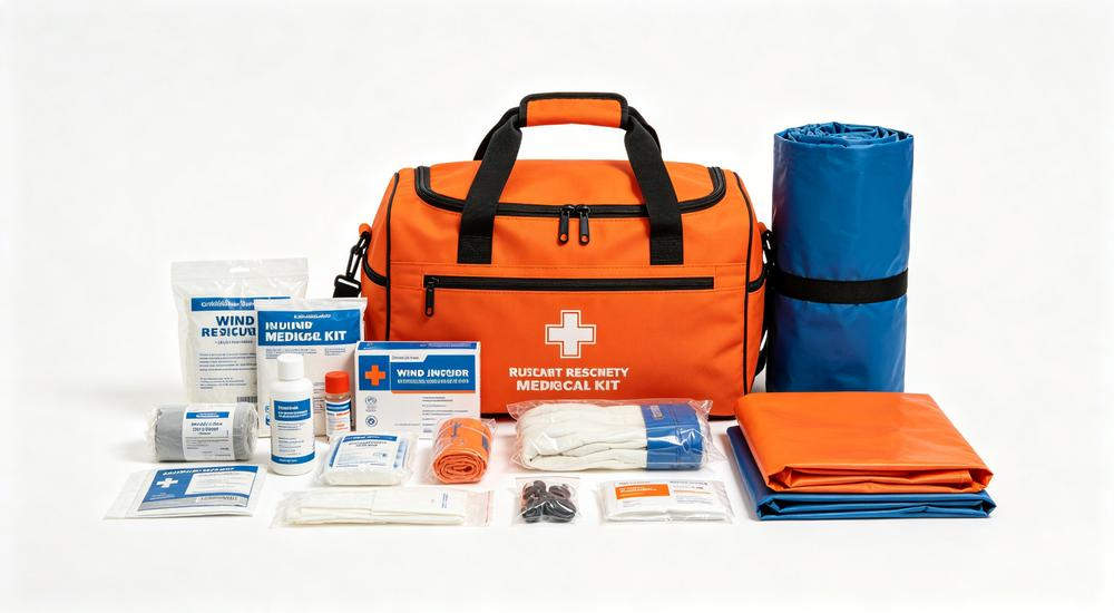 Top-down view of blue flood disaster medical kit with water purification supplies bottles tablets filters, white background, bright even lighting, professional product Top-down view of blue flood disaster medical kit with water purification supplies bottles tablets filters, white background, bright even lighting, professional product