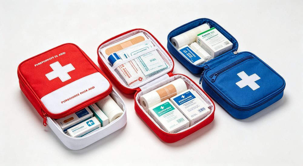 Top down flat lay of general first aid kit contents, organized bandages medications and tools, complete emergency kit for everyday medical situations