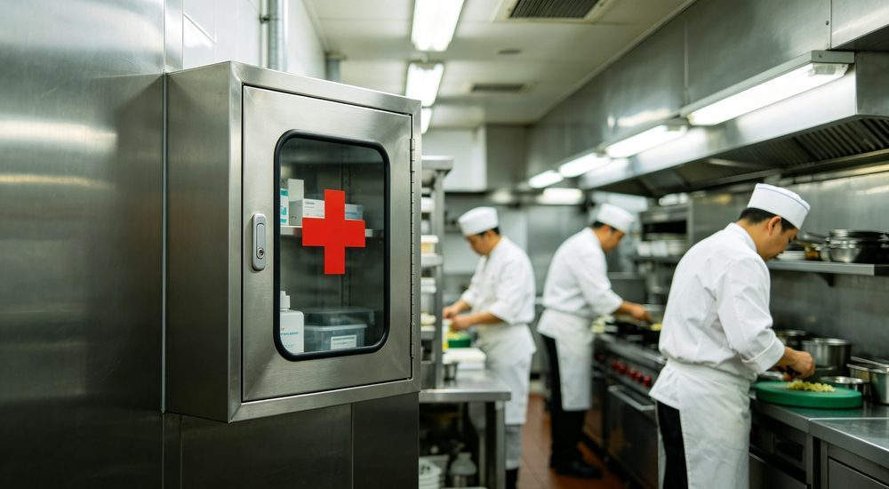 Office workplace scene with general first aid kit, employee safety medical station, comprehensive emergency supplies for business and commercial environments